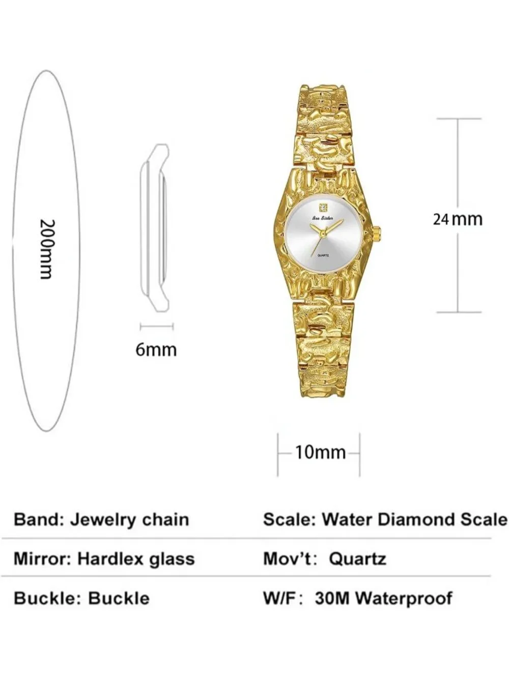Women's Gold White Luxurious Textured Jewelry Chain Minimalist Dial Quartz Watch